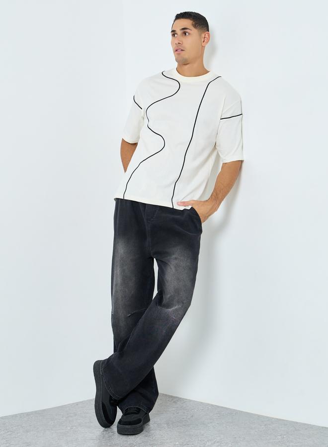 Styli Men Cream Embroidered Crew Neck T-Shirt - Image 4