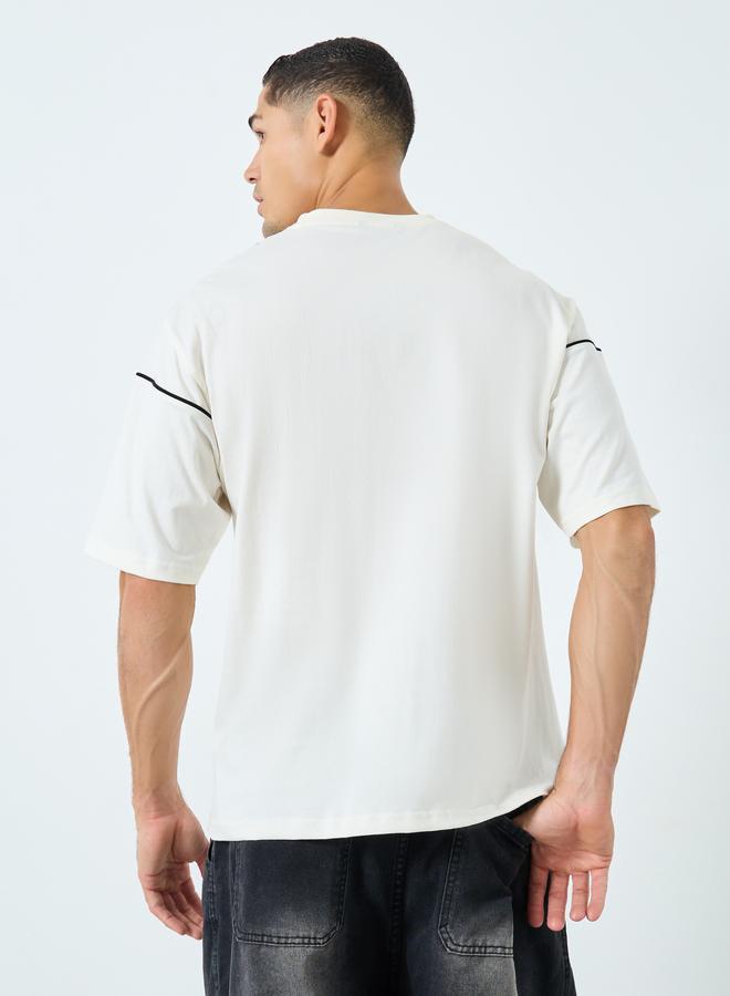 Styli Men Cream Embroidered Crew Neck T-Shirt - Image 3