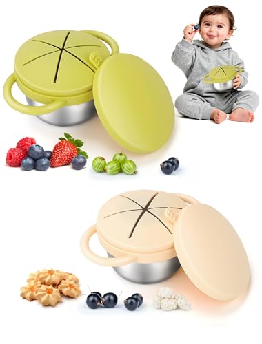 LOTBILL 2 Pack Stainless Steel Snack Cups for Toddlers Spill Proof, Toddler Snack Containers with Spill-Proof Silicone Lids & Handles, Dishwasher Safe Perfect for Mess-Free Snacking (Yellow+ Beige) - Image 1