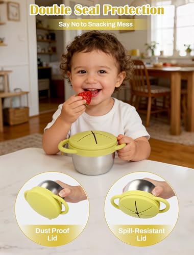 LOTBILL 2 Pack Stainless Steel Snack Cups for Toddlers Spill Proof, Toddler Snack Containers with Spill-Proof Silicone Lids & Handles, Dishwasher Safe Perfect for Mess-Free Snacking (Yellow+ Beige) - Image 2