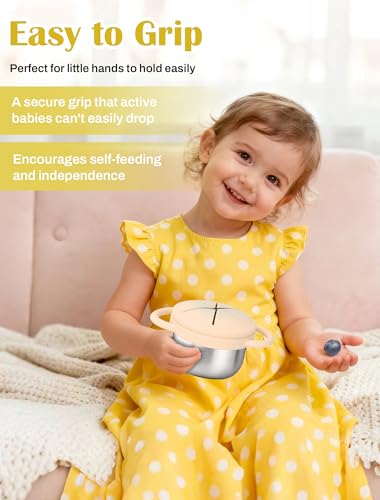 LOTBILL 2 Pack Stainless Steel Snack Cups for Toddlers Spill Proof, Toddler Snack Containers with Spill-Proof Silicone Lids & Handles, Dishwasher Safe Perfect for Mess-Free Snacking (Yellow+ Beige) - Image 3