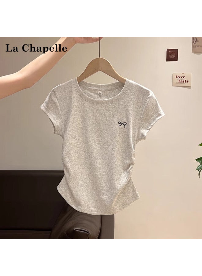 La Chapelle New Bowknot Embroidered Shoulder Slim Fit Short Sleeve T-shirt For Women, Light Gray, Size S - Image 1