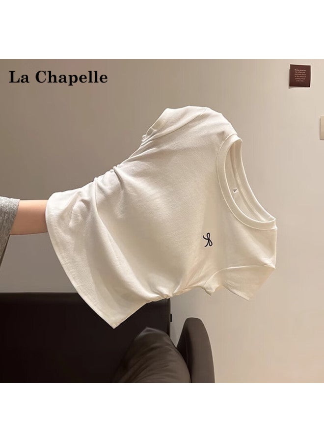 La Chapelle New Bowknot Embroidered Shoulder Slim Fit Short Sleeve T-shirt For Women, Light Gray, Size S - Image 4