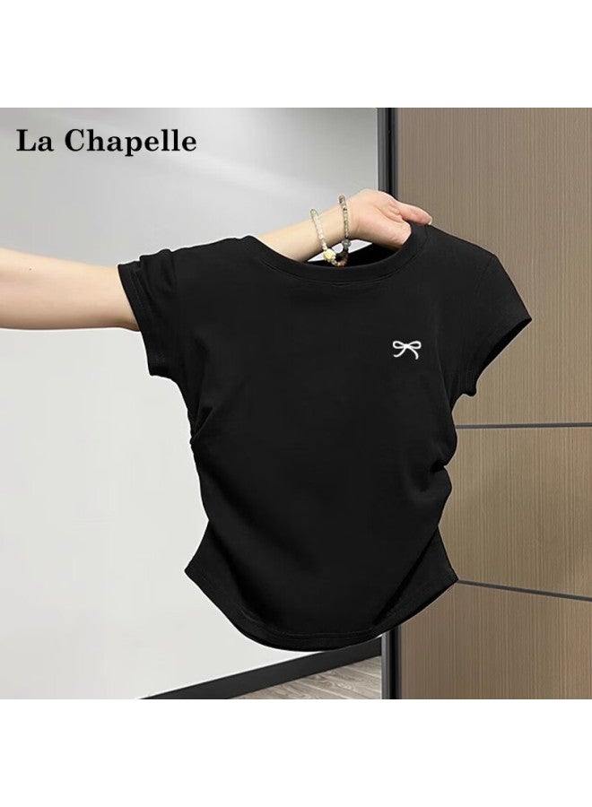La Chapelle New Bowknot Embroidered Shoulder Slim Fit Short Sleeve T-shirt For Women, Light Gray, Size S - Image 2