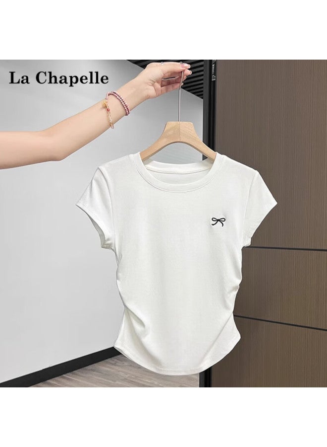 La Chapelle New Bowknot Embroidered Shoulder Slim Fit Short Sleeve T-shirt For Women, Light Gray, Size S - Image 3