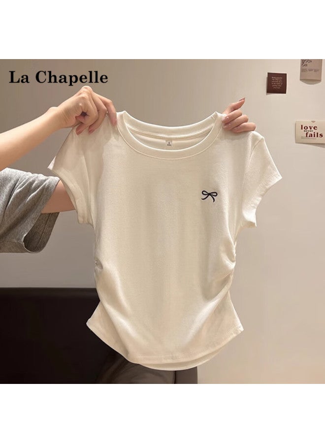 La Chapelle New Bowknot Embroidered Shoulder Slim Fit Short Sleeve T-shirt For Women, Light Gray, Size S - Image 5
