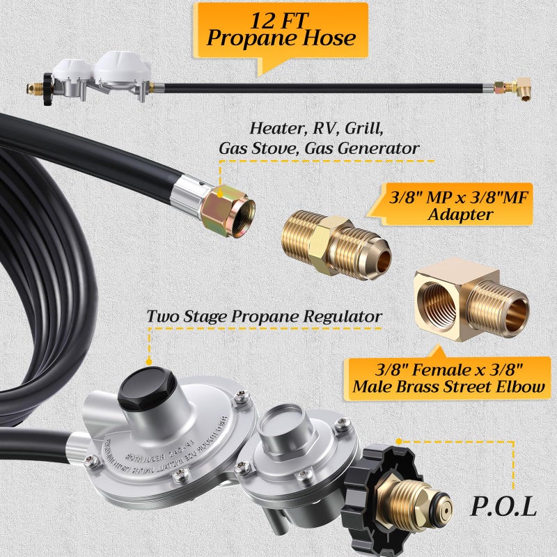 Pangda 1 Pack 12 FT Propane Hose with Regulator Compatible with Mr. Heater F273684 Buddy heaters with 3/8in Female x 3/8in Male Street Elbow, for RV, Grill, Gas Generator, Gas Stove - Image 2