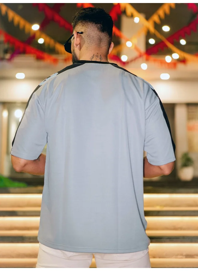 مانياك Maniac Men Round Neck 3/4th Sleeve Printed Sliver Grey and Black Polyester Oversized T-Shirt