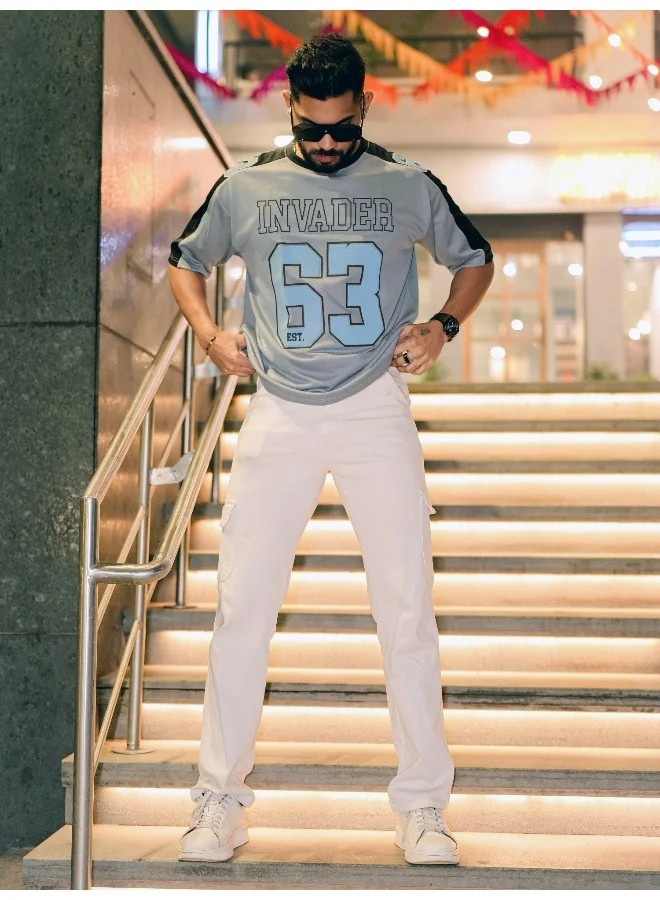 مانياك Maniac Men Round Neck 3/4th Sleeve Printed Sliver Grey and Black Polyester Oversized T-Shirt