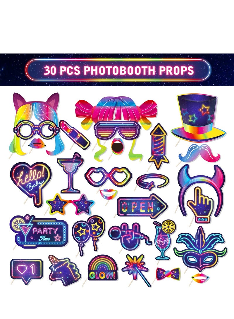 SOLARAE 30 قطعة من إكسسوارات كشك الصور المتلألئة في الظلام مع عصي زينة حفلات النيون المتلألئة، إمدادات حفلات فلوروسنت لعيد الميلاد، حفلة روك ديسكو، زينة حفلات ضوء أسود من الثمانينات والتسعينات - Image 4