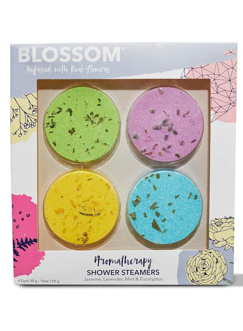 Blossom Aromatherapy Shower Steamers, Bath Bomb Tablets with Essential Oils for Stress Relief and Relaxation 4 Pack Box, Jasmine, Lavender, Mint and Eucalyptus - Image 1