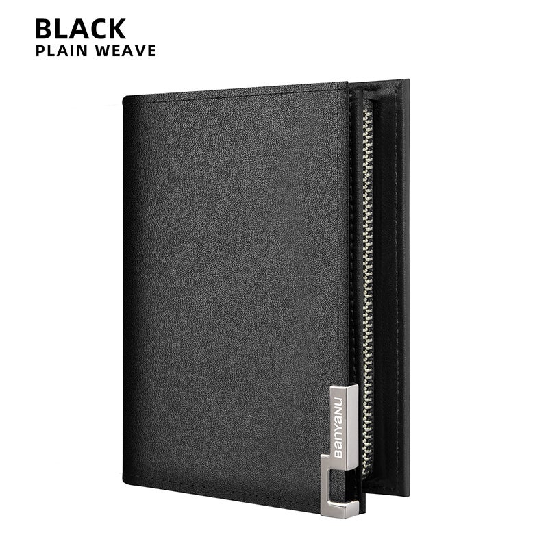 banyanu Men's Short Leather Business Wallet, Minimalist Style, with Multiple Card Slots and Zippered Pockets (Black - Plain Grain) - Image 1