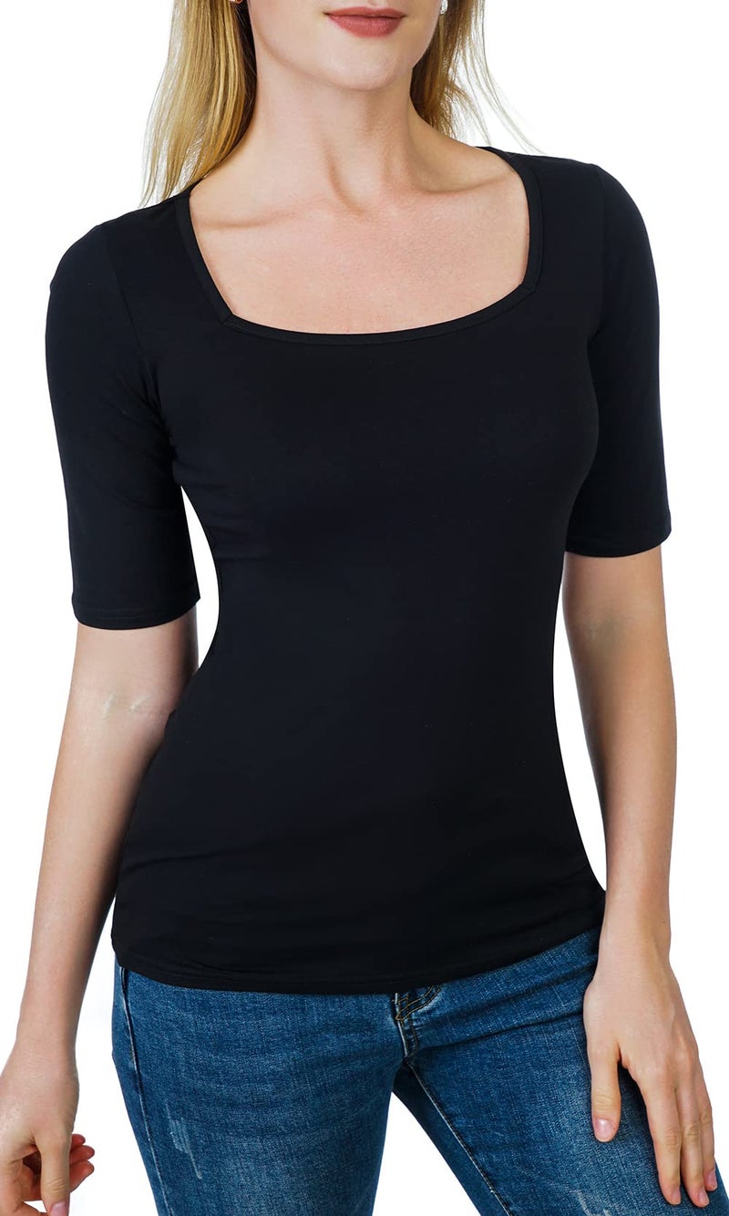 Artivaly Women's Half Sleeve Square Neck Slim-Fit Tee Tops Black - Image 1