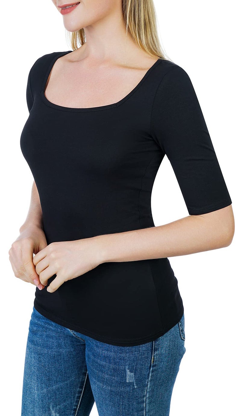 Artivaly Women's Half Sleeve Square Neck Slim-Fit Tee Tops Black - Image 4