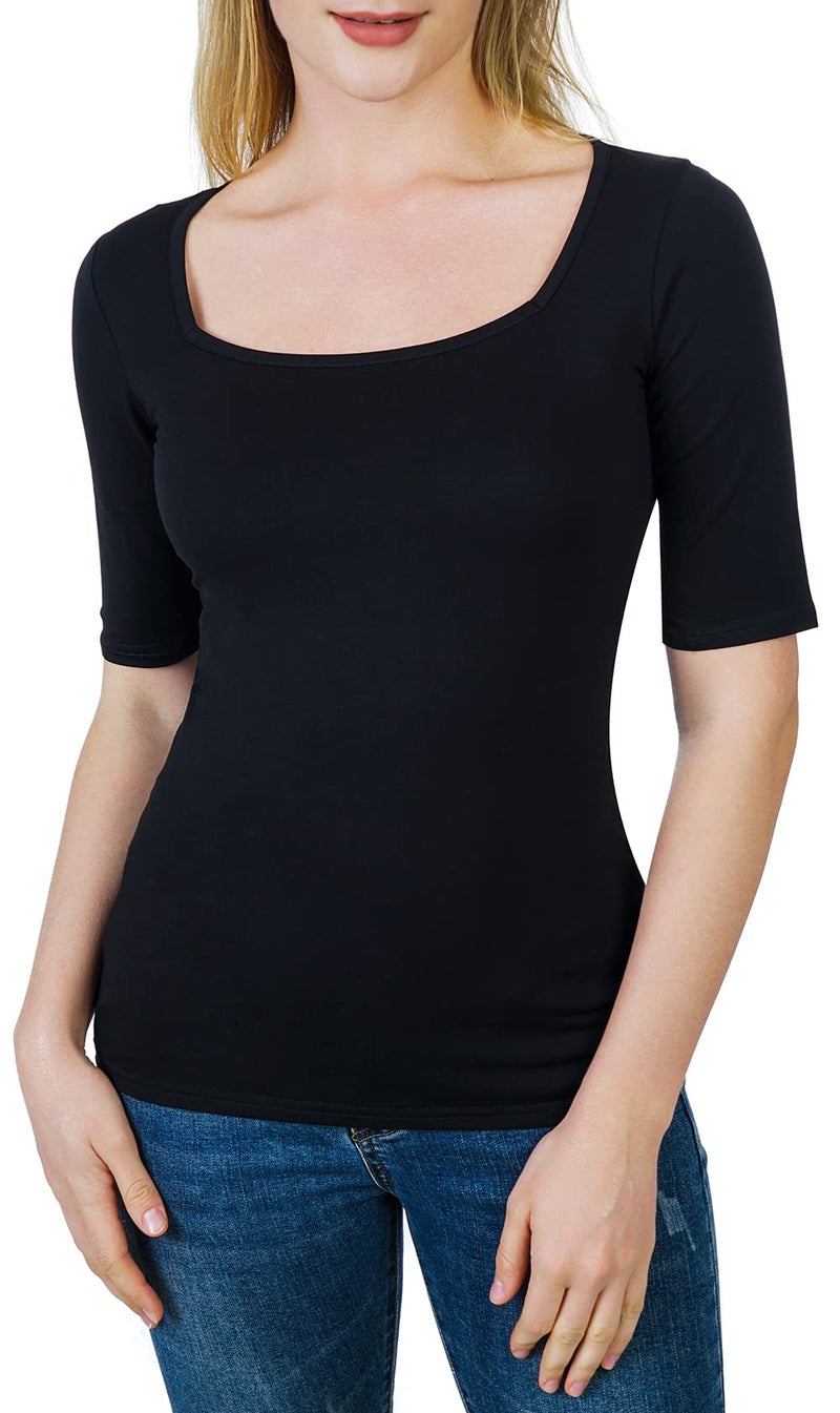 Artivaly Women's Half Sleeve Square Neck Slim-Fit Tee Tops Black - Image 5