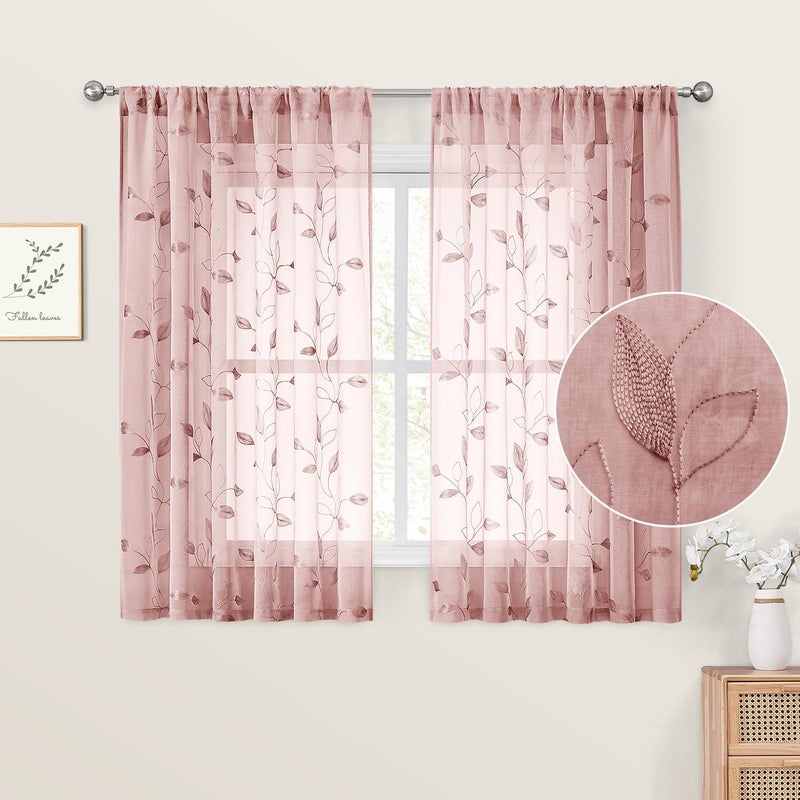 HOMEIDEAS HOMEIDEAS Blush Pink Sheer Kitchen Curtains 52 x 45 Inch Length 2 Panels Embroidered Leaf Pattern Short Curtains for Bedroom Half/Small Bathroom Window Rod Pocket Tiers - Image 1