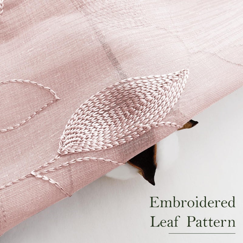 HOMEIDEAS HOMEIDEAS Blush Pink Sheer Kitchen Curtains 52 x 45 Inch Length 2 Panels Embroidered Leaf Pattern Short Curtains for Bedroom Half/Small Bathroom Window Rod Pocket Tiers - Image 2