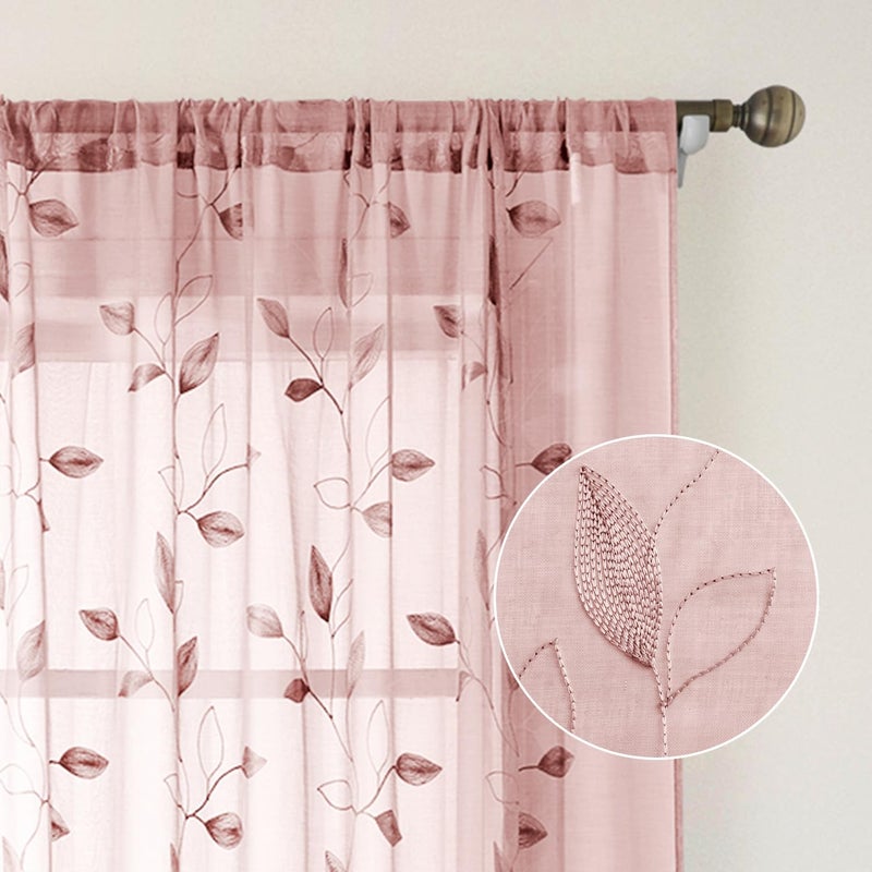 HOMEIDEAS HOMEIDEAS Blush Pink Sheer Kitchen Curtains 52 x 45 Inch Length 2 Panels Embroidered Leaf Pattern Short Curtains for Bedroom Half/Small Bathroom Window Rod Pocket Tiers - Image 5