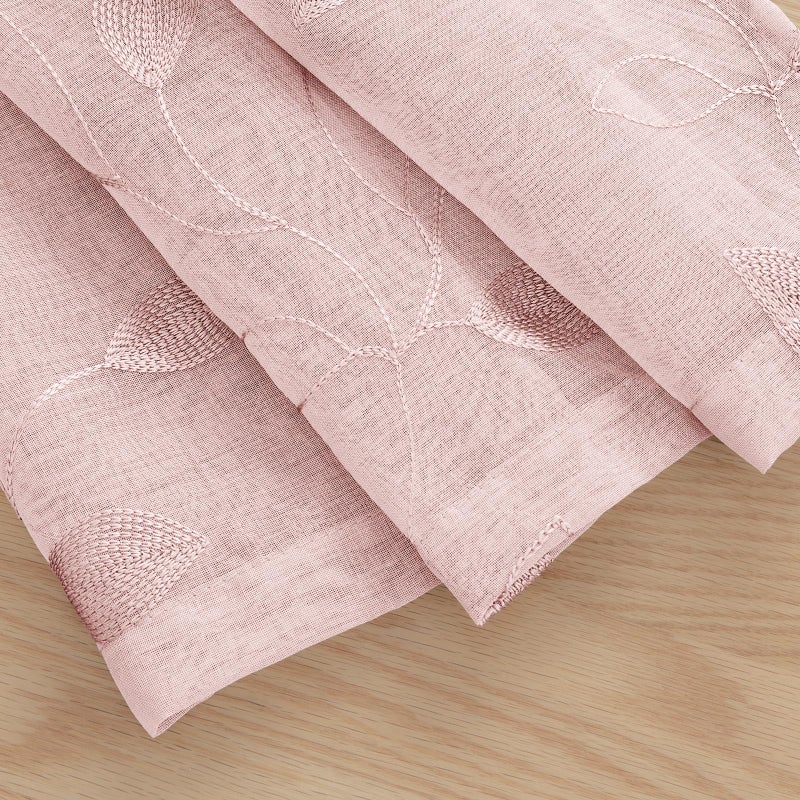 HOMEIDEAS HOMEIDEAS Blush Pink Sheer Kitchen Curtains 52 x 45 Inch Length 2 Panels Embroidered Leaf Pattern Short Curtains for Bedroom Half/Small Bathroom Window Rod Pocket Tiers - Image 4
