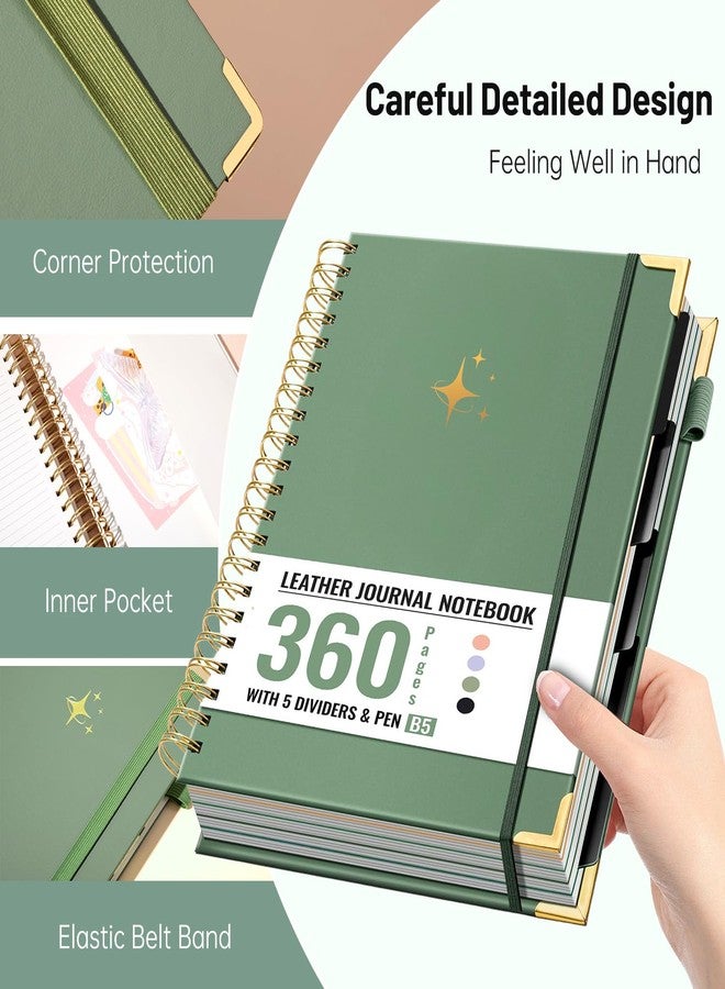 Flying Eagle Spiral Notebook Journal 360 Pages Hardcover Leather Lined Journals for Women Men with Pen Large College Ruled Notebooks Spiral Journal for Writing Work School B5, Green - Image 2