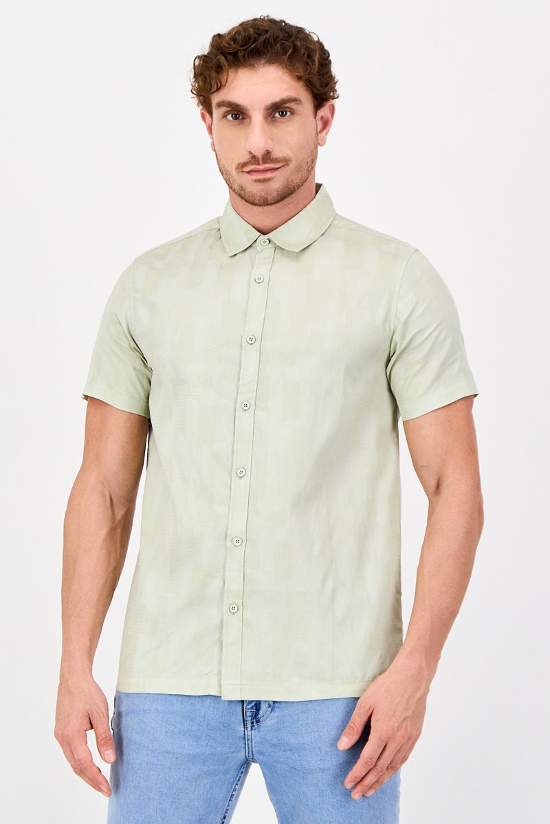 Threadbare Men Regular Fit Textured Short Sleeve Casual Shirt, Sage Green - Image 1
