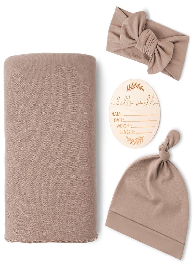 Konssy Konssy Baby Girl Newborn Receiving Blanket with Matching Headband and Beanie Set Baby Swaddle Nursery Swaddle Wrap(Pastel Brown) - Image 2