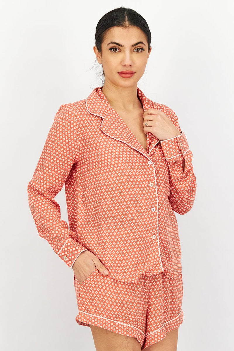 XOXO Women 2Pc Set Printed Pajama Shorts, Rust - Image 4