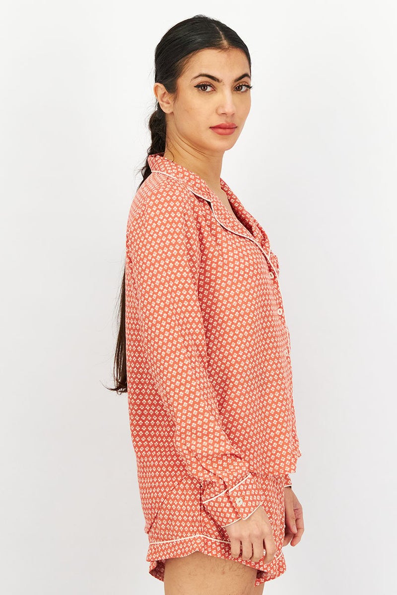 XOXO Women 2Pc Set Printed Pajama Shorts, Rust - Image 3