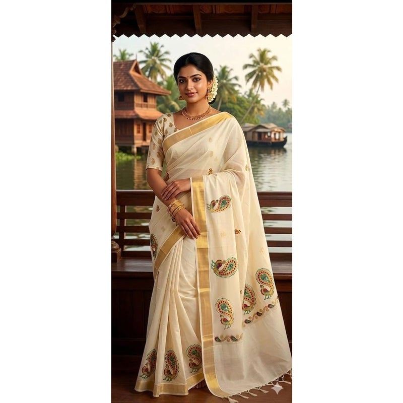 Kerala Kasavu Saree with Embroidery Pallu and Gold Zari Border Kuthampully Kerala Sari - Image 2