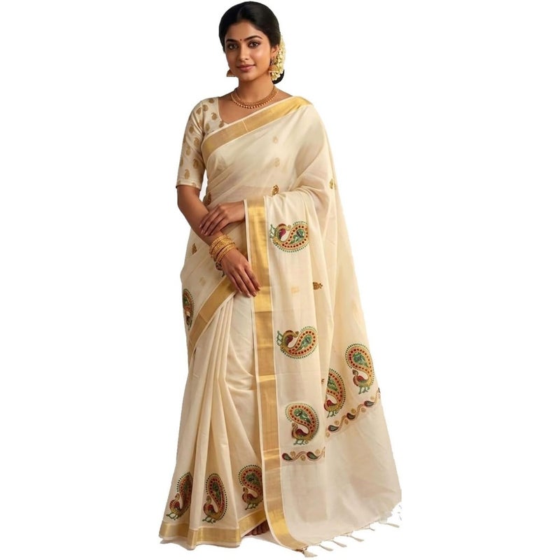 Kerala Kasavu Saree with Embroidery Pallu and Gold Zari Border Kuthampully Kerala Sari - Image 1
