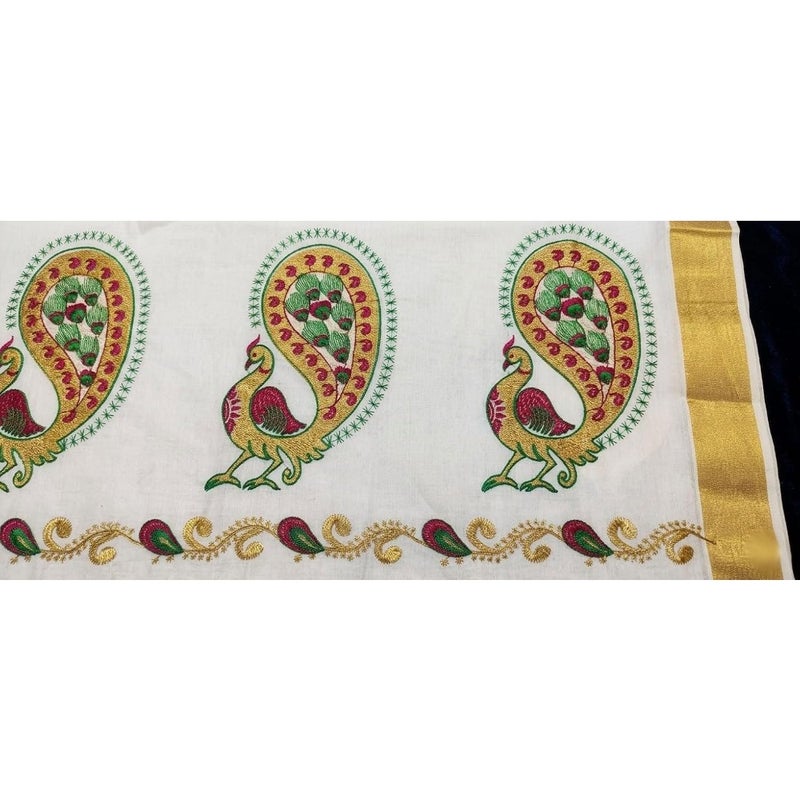 Kerala Kasavu Saree with Embroidery Pallu and Gold Zari Border Kuthampully Kerala Sari - Image 4