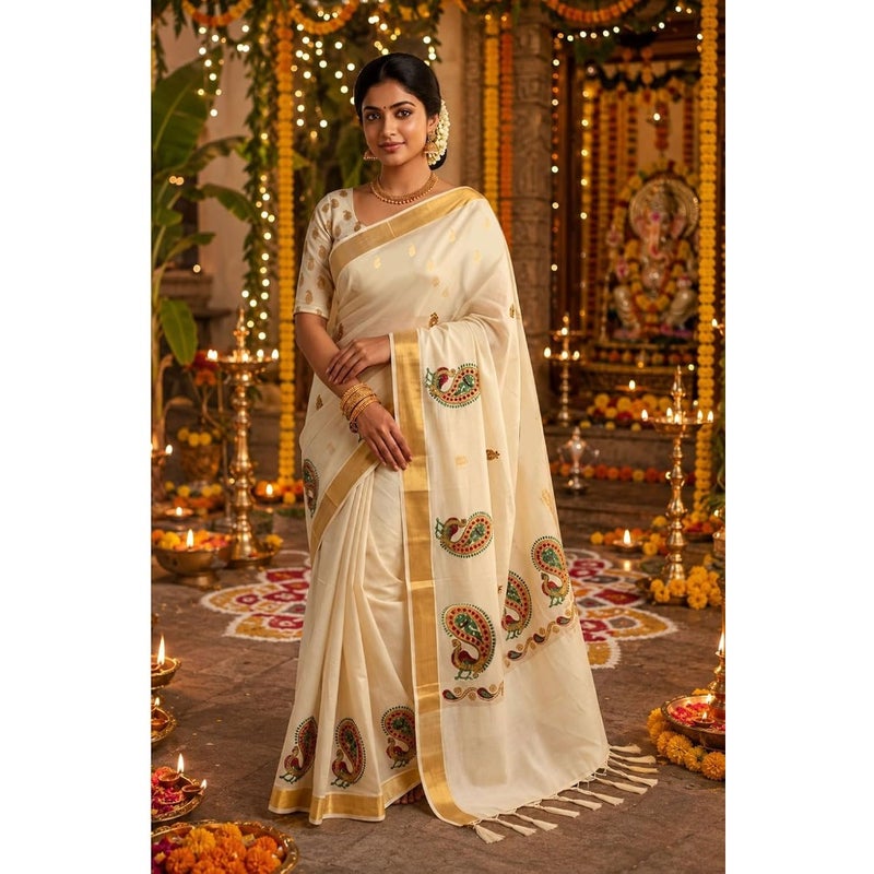 Kerala Kasavu Saree with Embroidery Pallu and Gold Zari Border Kuthampully Kerala Sari - Image 3
