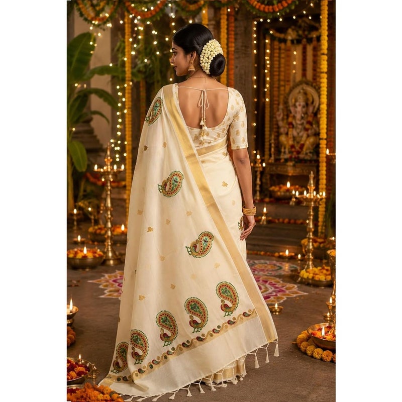 Kerala Kasavu Saree with Embroidery Pallu and Gold Zari Border Kuthampully Kerala Sari - Image 5