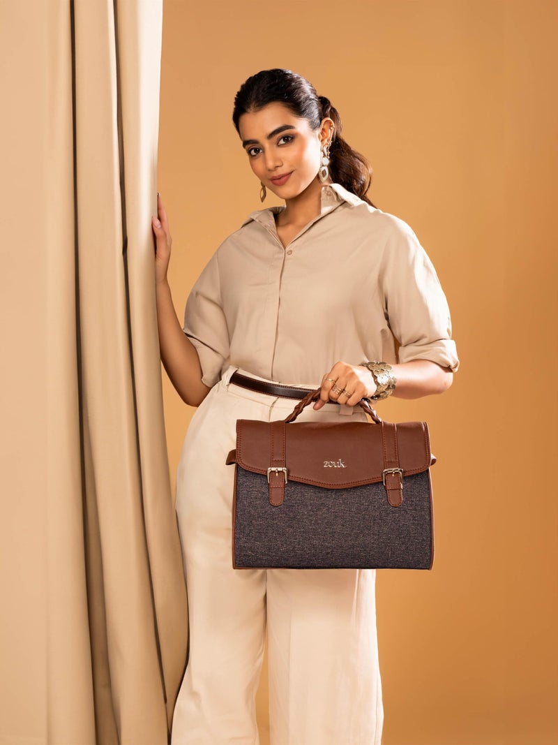 ZOUK Heritage Satchel Bag - Gwalior Weaves | Jute | Vegan Leather Handcrafted With Detachable Sling Strap | Bristel - Image 2