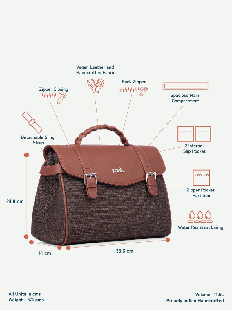 ZOUK Heritage Satchel Bag - Gwalior Weaves | Jute | Vegan Leather Handcrafted With Detachable Sling Strap | Bristel - Image 4