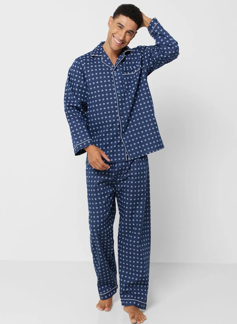 Seventy Five Men'S Walter Grange Traditional Printed Poly Cotton Pyjamas - Blue