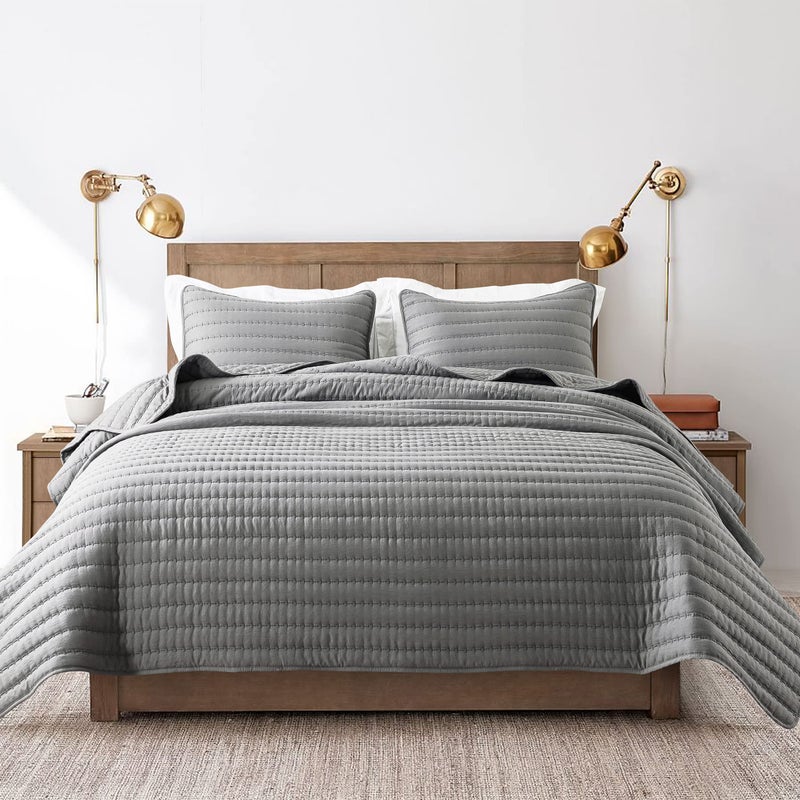 ROARINGWILD Dark Grey Queen Size Quilt Bedding Sets with Pillow Shams, Full Lightweight Soft Bedspread Coverlet, Quilted Blanket Thin Comforter Bed Cover for All Season, 3 Pieces, 90x90 inches - Image 2