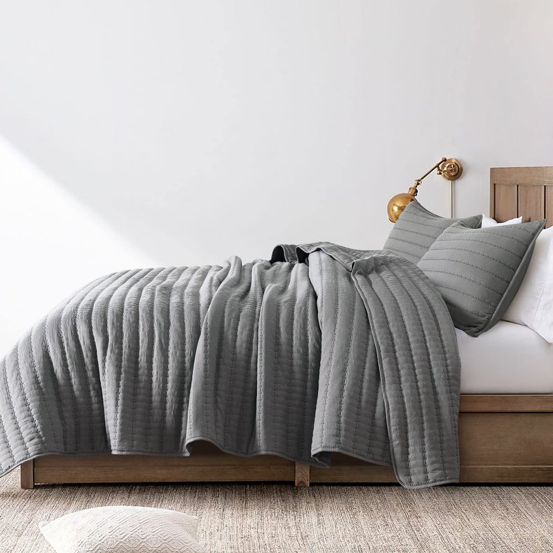 ROARINGWILD Dark Grey Queen Size Quilt Bedding Sets with Pillow Shams, Full Lightweight Soft Bedspread Coverlet, Quilted Blanket Thin Comforter Bed Cover for All Season, 3 Pieces, 90x90 inches - Image 3