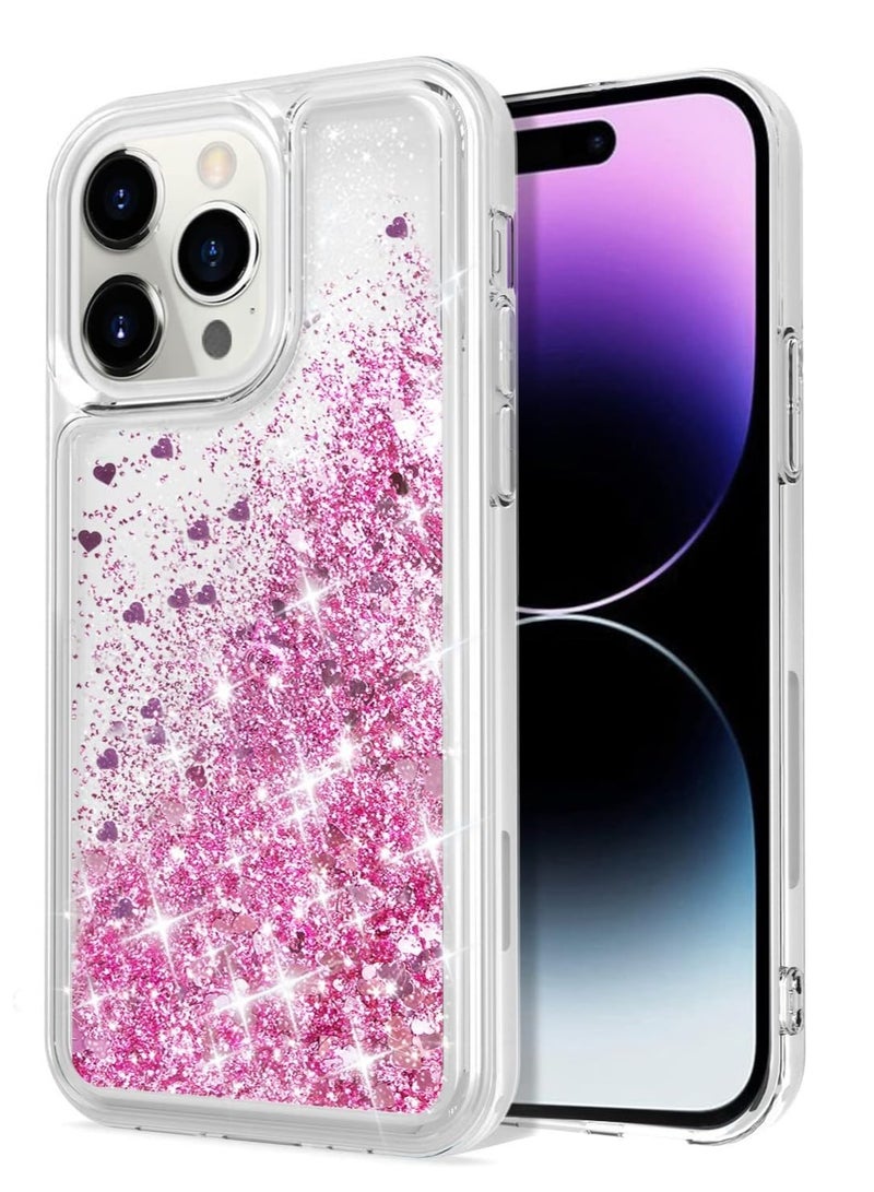 كايس كلوب جراب سائل لامع لهاتف iPhone 14 Pro - تصميم قلب وردي لامع عائم، غطاء TPU شفاف مقاوم للصدمات، 6.1 بوصة - Image 1