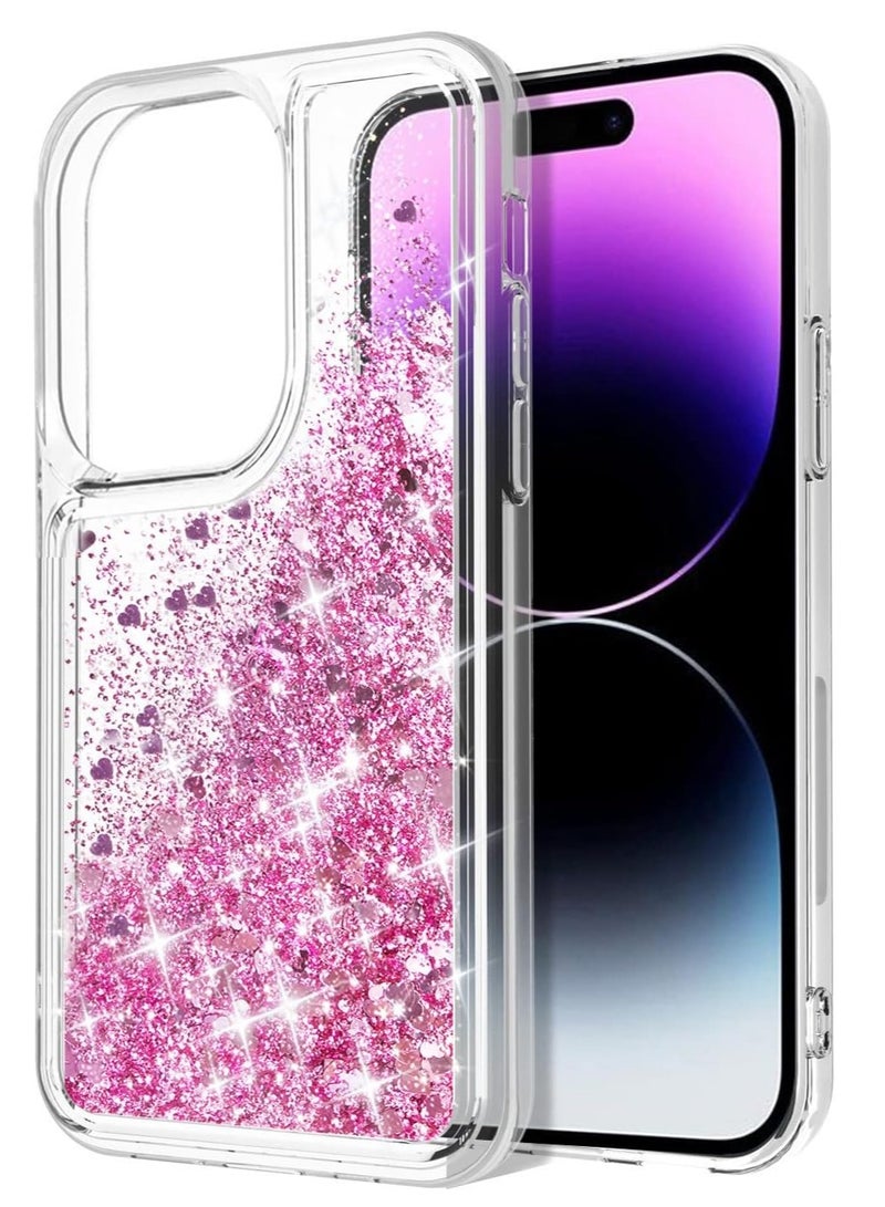 كايس كلوب جراب سائل لامع لهاتف iPhone 14 Pro - تصميم قلب وردي لامع عائم، غطاء TPU شفاف مقاوم للصدمات، 6.1 بوصة - Image 4