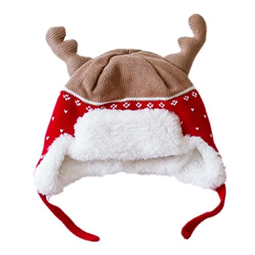 Home Prefer Baby Girl Boy Kid Christmas Hats Soft Cotton Brocade Knitted Cap Cute Elk Horn Sherpa Lined Hat Red S - Image 1