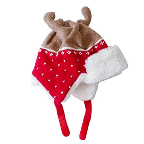 Home Prefer Baby Girl Boy Kid Christmas Hats Soft Cotton Brocade Knitted Cap Cute Elk Horn Sherpa Lined Hat Red S - Image 3