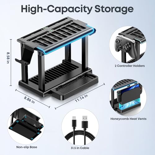 Kytok Switch 2/1/OLED RGB Organizer Station with Controller Charging Dock, Switch Storage Stand, Joycon 1/2 Charger, Gaming Accessories Holds TV Dock, 16 Game Cases, 18 Game Cards, and 2 Pro Controllers - Image 4