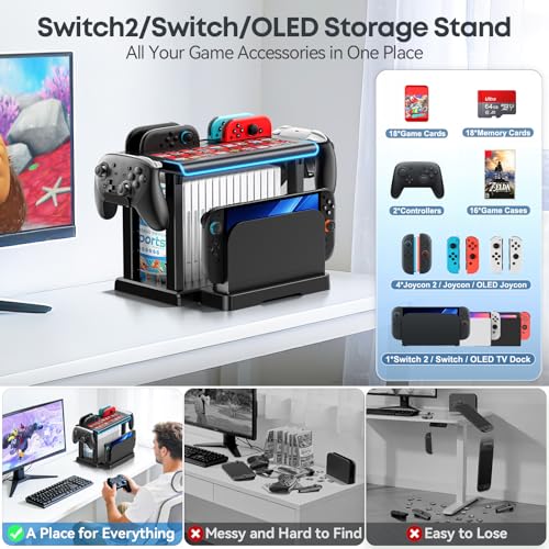 Kytok Switch 2/1/OLED RGB Organizer Station with Controller Charging Dock, Switch Storage Stand, Joycon 1/2 Charger, Gaming Accessories Holds TV Dock, 16 Game Cases, 18 Game Cards, and 2 Pro Controllers - Image 5