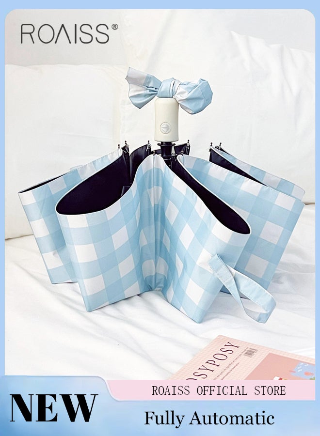 رويس مظلة زرقاء منقوشة أوتوماتيكية بالكامل للنساء، 8 أضلاع، خفيفة الوزن ومزدوجة الأغراض، مظلة مدمجة محمولة قابلة للطي تحجب أشعة الشمس بشكل فعال UPF50+ - Image 2