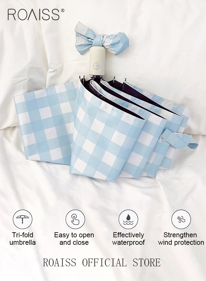 رويس مظلة زرقاء منقوشة أوتوماتيكية بالكامل للنساء، 8 أضلاع، خفيفة الوزن ومزدوجة الأغراض، مظلة مدمجة محمولة قابلة للطي تحجب أشعة الشمس بشكل فعال UPF50+ - Image 4