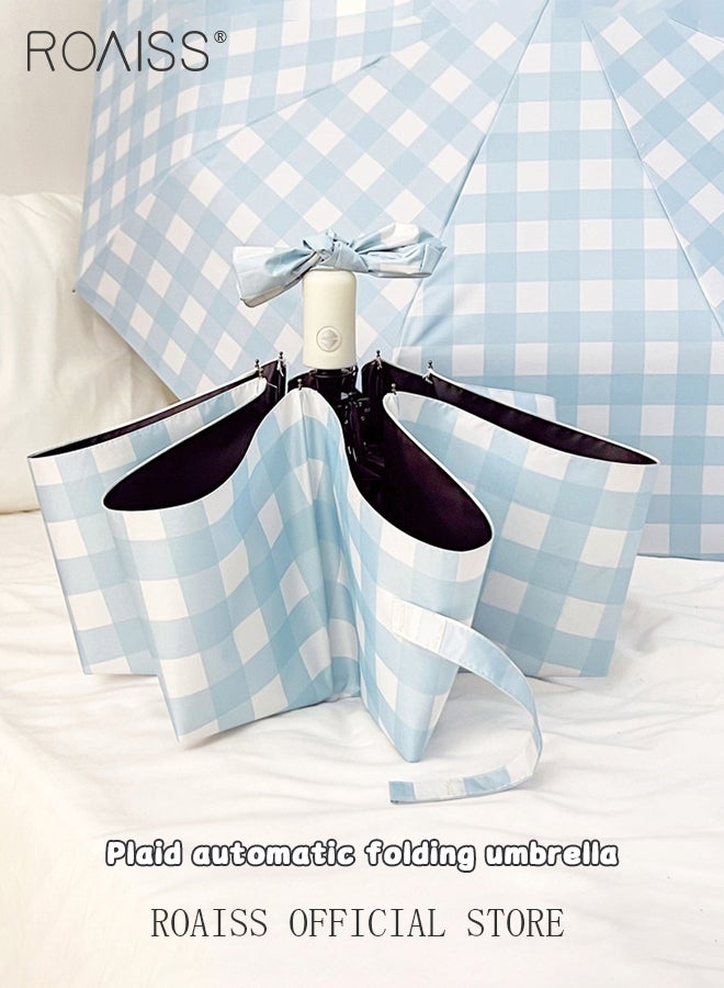 رويس مظلة زرقاء منقوشة أوتوماتيكية بالكامل للنساء، 8 أضلاع، خفيفة الوزن ومزدوجة الأغراض، مظلة مدمجة محمولة قابلة للطي تحجب أشعة الشمس بشكل فعال UPF50+ - Image 3