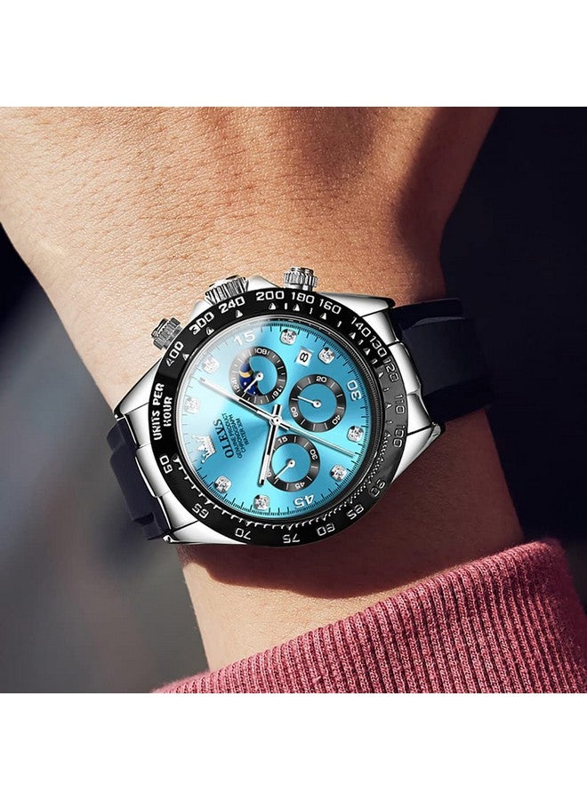 أوليفز ساعات OLEVS للرجال ساعة كوارتز كرونوغراف تناظرية مع طور القمر ومضادة للماء من السيليكون الأسود ومرصعة بالألماس وساعات يد سهلة القراءة باللون الفضي والأزرق - Image 3