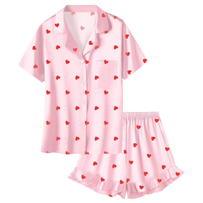 Umeyda Girls Satin Silky Collar V Neck Ruffle Short Sleeve Top and Shorts Sleepwear PJs, Pink Heart, 9-10 Years - Image 1