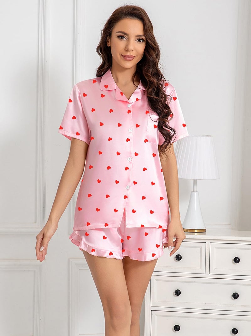 Umeyda Girls Satin Silky Collar V Neck Ruffle Short Sleeve Top and Shorts Sleepwear PJs, Pink Heart, 9-10 Years - Image 4